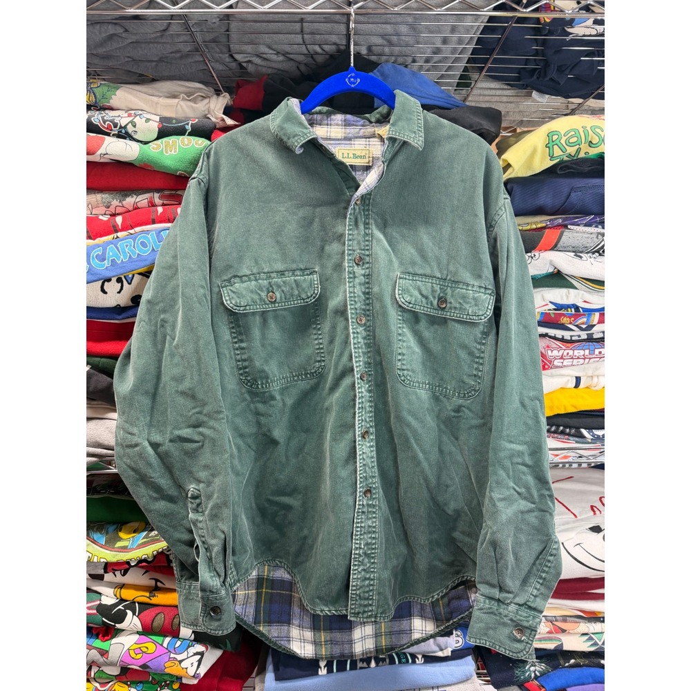LL Bean Mens Flannel Lined Cotton Twill Shirt Green Plaid Style A038 Medium